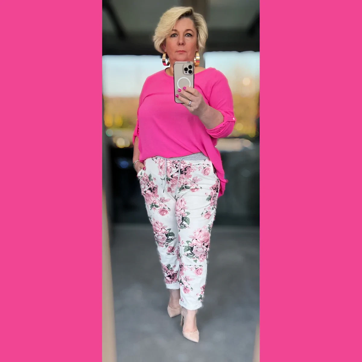 WOMENS LADIES WHITE PINK FLORAL PRINT JOGGERS PLUS SIZE PANTS COMFY TROUSERS