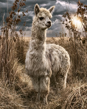 White Llama Standing in Windswept Grass at Sunset Print - 278390775