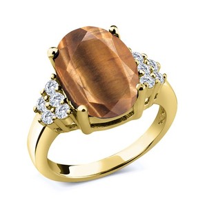 Authentic 4.38 Ct Brown Tiger Eye E-F Lab Grown Diamond 18K Yellow Gold Plated Silver Ring