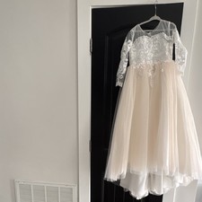 Girls' White Beige Formal First Communion Lace Tulle Dress Polyester Size 6-7Y