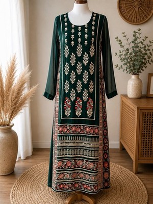 Pakistani Indian Green Silk Kurti Tunic Dress Embroidered High Slits Boho P2P 18