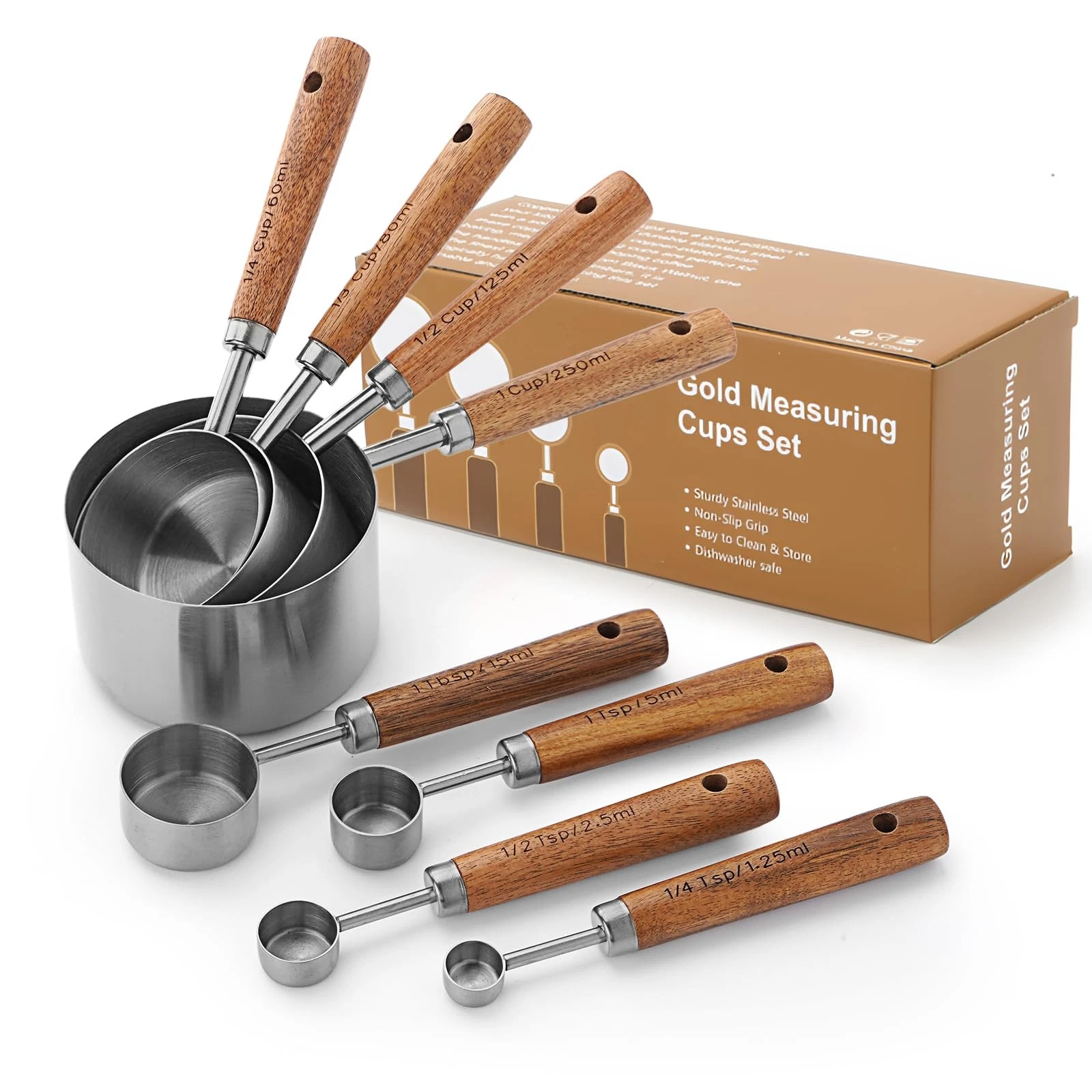 SHIKORI Gold Measuring Cups and Spoons Set with Wood Handles, Premium Stainle...
