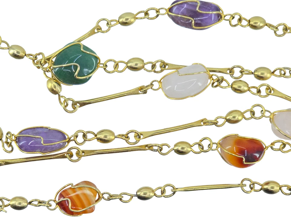 COLLAR LARGO DE COLECCIÓN JAULA DE ALAMBRE PIEDRA ANGULAR MULTICOLOR CUARZO, ÁGATA TONO ORO BARRA ESLABÓN Foto 2 de 4