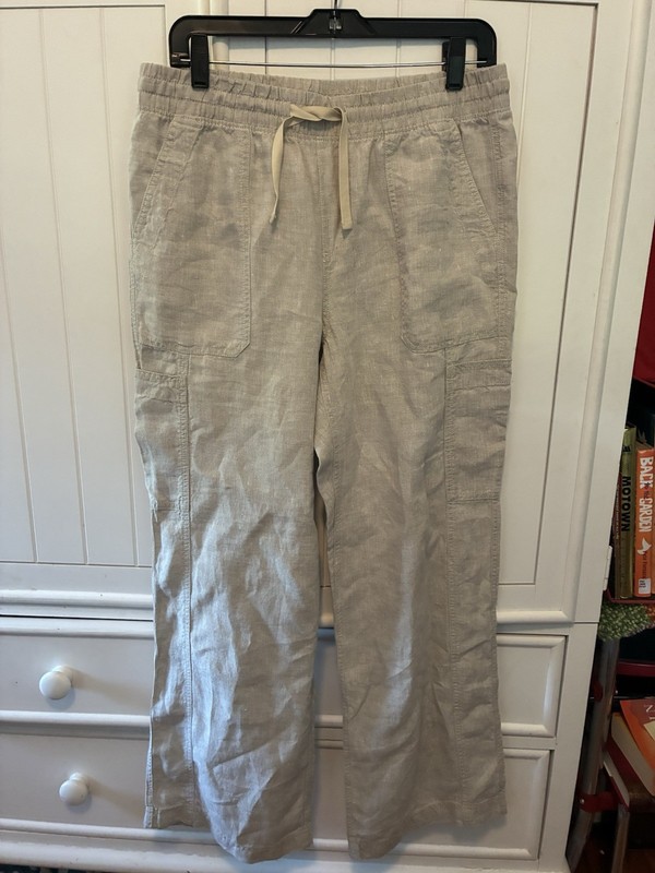 LL BEAN 100% Linen Tan Cargo Pants Size 12 Elastic Waist Drawstring