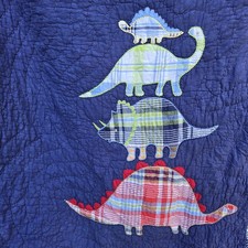Pottery Barn Kids Plaid Dinosaur Crib Toddler Quilt Navy Blue Applique 51x35