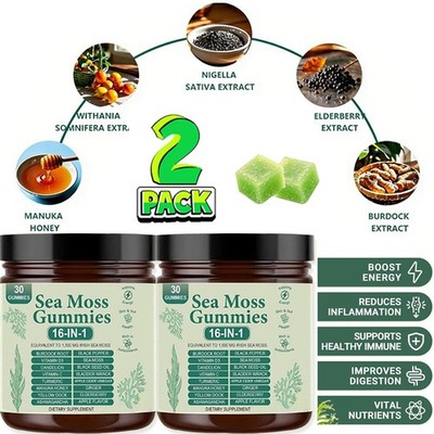 2 Sea Moss Gummies 16-in-1,Sea Moss Blend with Black Seed Oil-Green Apple Flavor