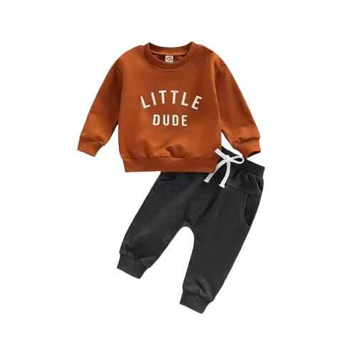 Baby Boy Brown Clothes Autumn Set Letter Print Sweatshirt Top Elastic Drawstring