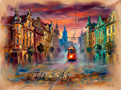 Digital Art Painting Cityscape Houses Trees Old Tram People Wallpaper Desktop