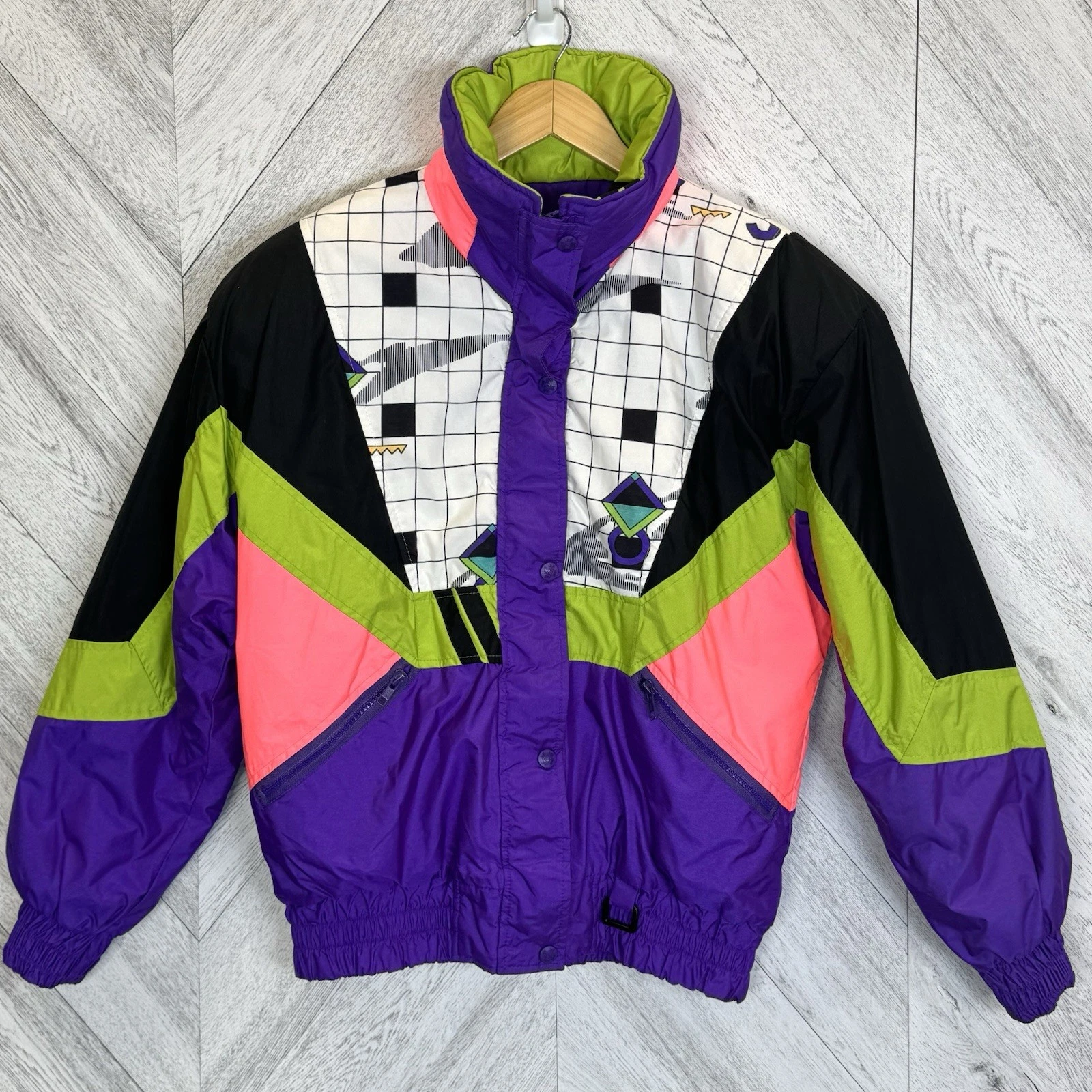 Vintage 90s Neon Ski Jacket Womens Medium Colorblock Winter Retro Joff