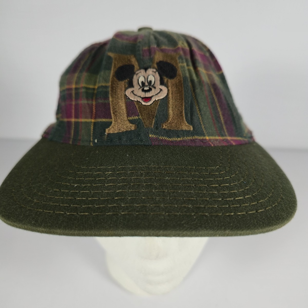 Vintage Disney Green Plaid Mickey Mouse Snapback Cap Hat 