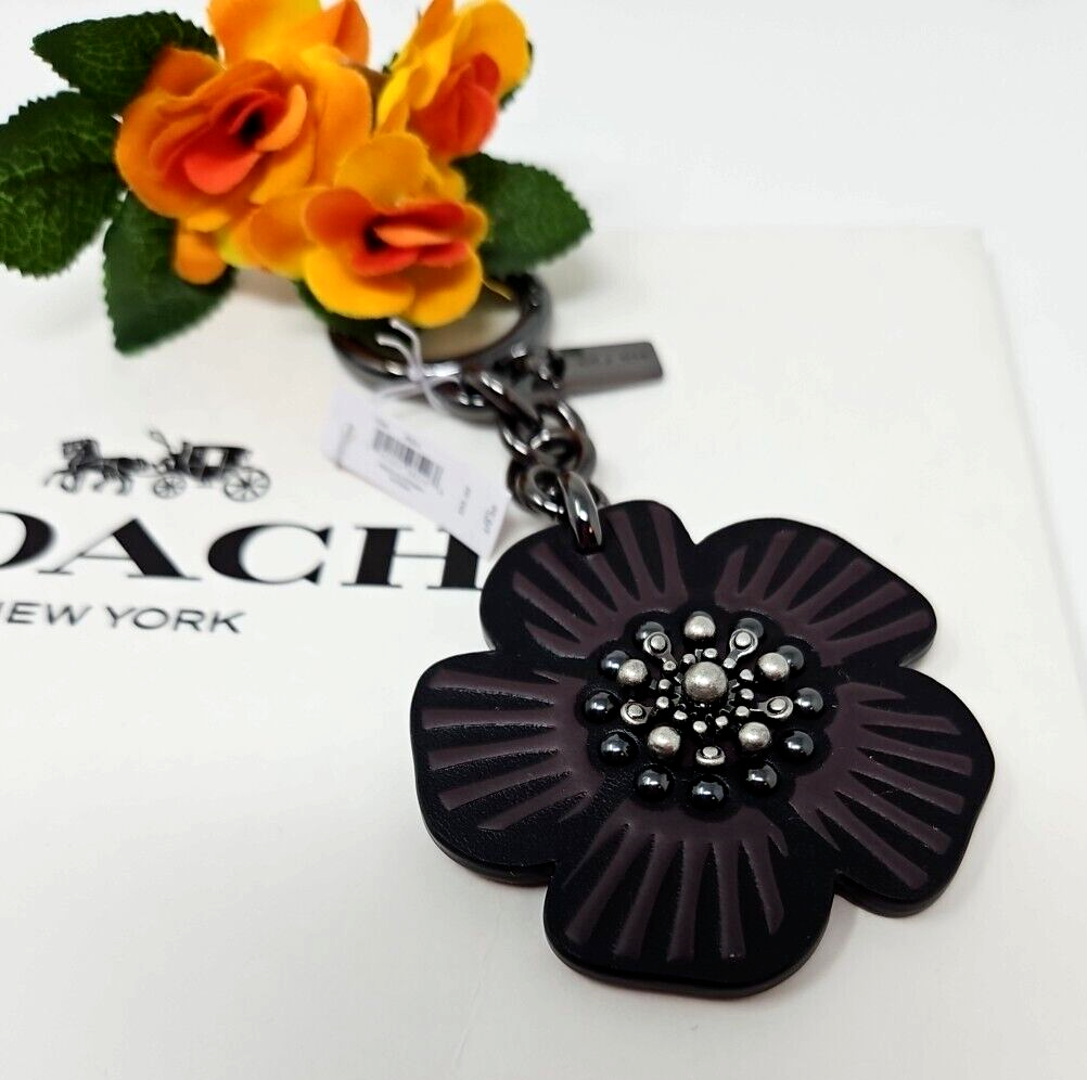 Coach Willow Floral Bag Charm Keychain Ring Fob Tea Rose Studded