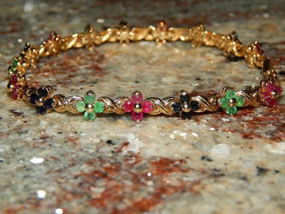 7 克拉模拟红色红宝石和蓝宝石,翡翠网球手链 14K 黄金饰面 — 第 3/4 张图片