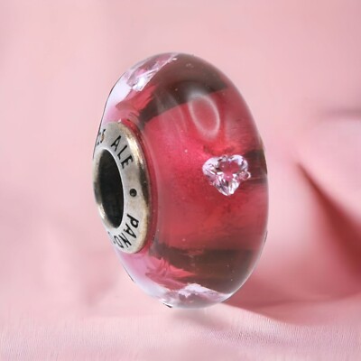 RETIRED Pandora Sterling Silver CZ Cerise Heart Murano Glass Bead Charm  UK
