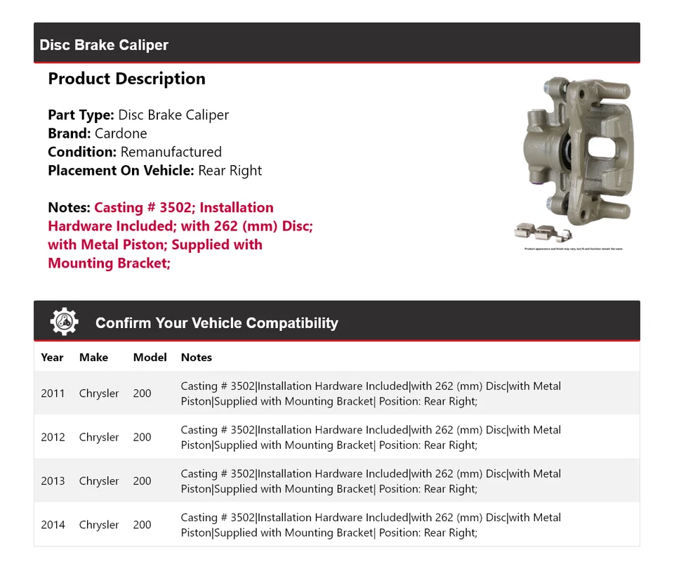 Задний правый суппорт дискового тормоза для Chrysler 200 2011-2014 годов выпуска 2012 2013 годов выпуска - Изображение 2 из 4