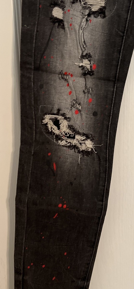 s*様 SPLASH PAINT STRETCH PANTS - BLACK THRT (Size 28x32) Red & Black Splatter Paint On Distressed