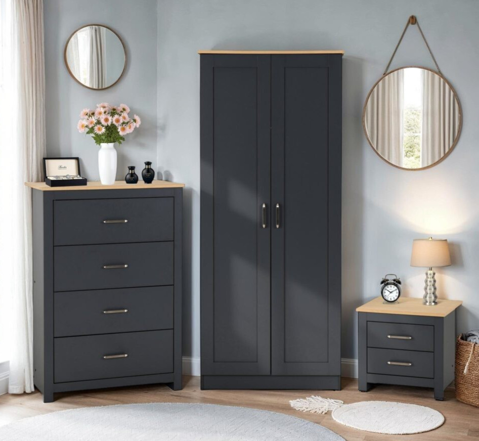 Portland Trio Bedroom Set Grey Wardrobe Chest of Drawers  Bedside 3 Items