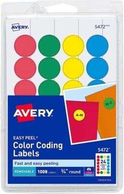 Avery Removable Color-Coding Labels, Removable Adhesive, Assorted Colors, 3/4'' D