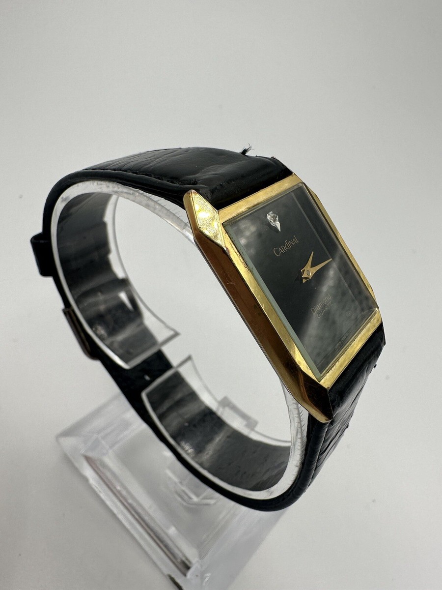 Cardinal Vintage Gold Tone Tank Watch Leather Band Black Dress Men
