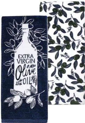 Set of 2 Different Kitchen Terry Towels (16''x18'') OLIVE OIL BOTTLE & OLIVES, FN