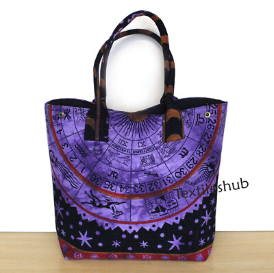 Indian Handmade Purple Zodiac Printed Women's Shopping Purse Cotton Handbag Tote