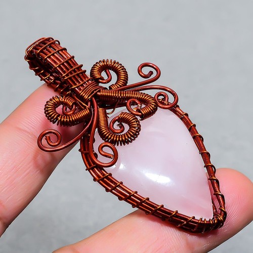 Rose Quartz Gemstone Copper Pendant Handcrafted Wire Wrap Ethnic Jewelry 2.6" - Picture 2 of 7