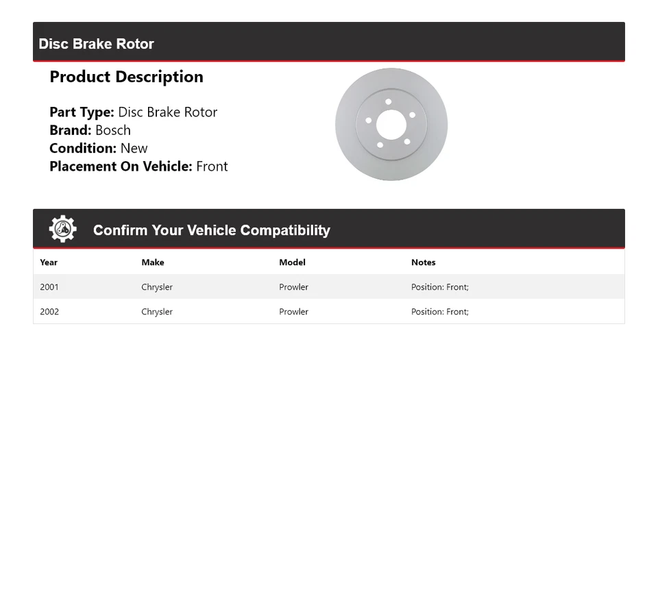 Rotor de freno de disco delantero QuietCast Bosch 2001-2002 Chrysler Prowler Foto 2 de 4