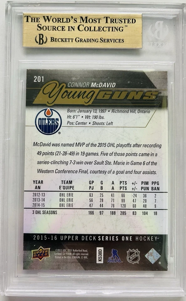 2015-2016 UD Connor McDavid YG Young Guns High Gloss /10 BGS 9.5 — 第 2/2 张图片