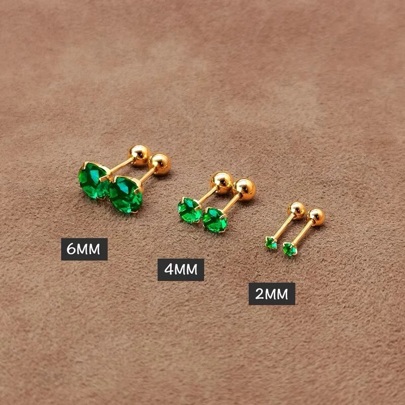 Aretes para mujer de acero quirúrgico verde circonita cúbica cristal tornillo trasero 3/4/5/6 mm 2 piezas Foto 2 de 4