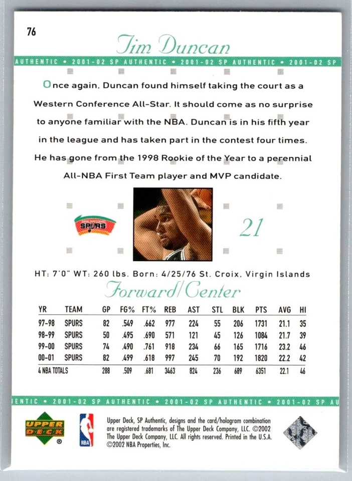 2001-02 SP AUTHENTIC BASKETBALL 76 TIM DUNCAN SPURS - Image 2 of 2