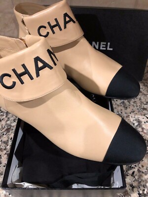 Chanel 19B NEW Beige Black Lambskin Grosgrain CHANEL Logo Ankle