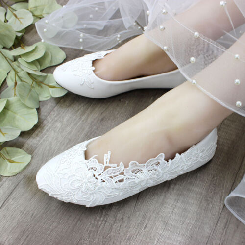 White Ivory Lace Pearl Wedding shoes Women Bridal Shoes flats low high heel pump - Picture 1 of 5
