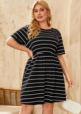 SHEIN Curve Navy Striped Elastic Waist Short Sleeve A-Line Dress Womans SZ 2XL