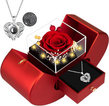 Preserved Rose Gift Box with LED Lights, Red Floral Arrangement, Romantic Jewelr