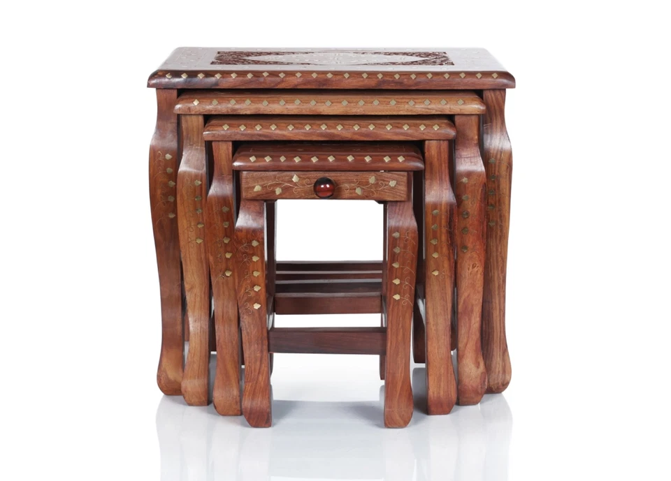 Handcrafted Wooden Nesting Tables Set of 4 with Brass Inlay – Living Room Decor - Image 2 of 4