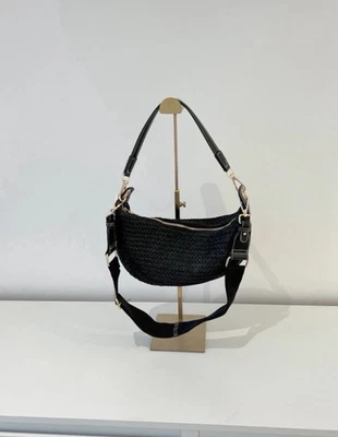 Zara Black Woven Shoulder Bag Crescent Crossbody Zip Baguette Handbag Boho - Image 1 of 4