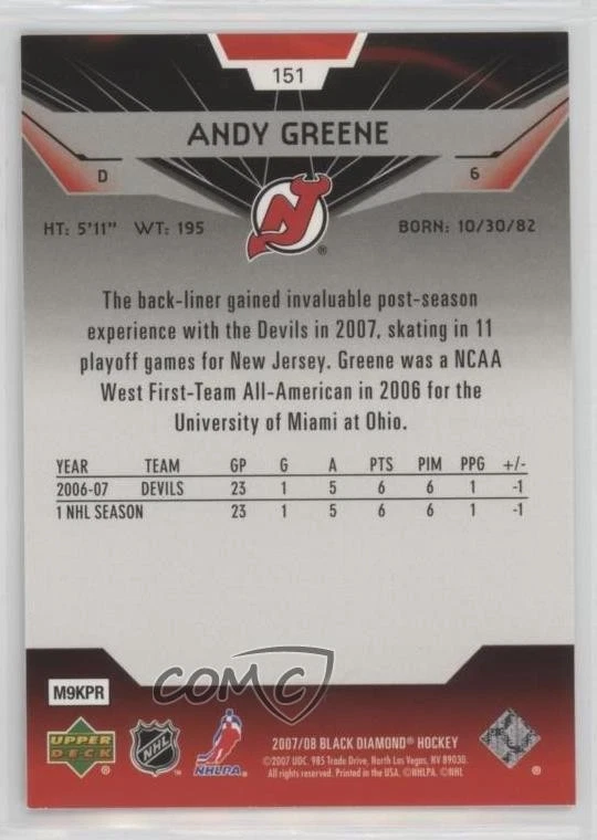 2007-08 Upper Deck Black Diamond Rookie Gems Andy Greene #151 Rookie RC - Image 2 of 2