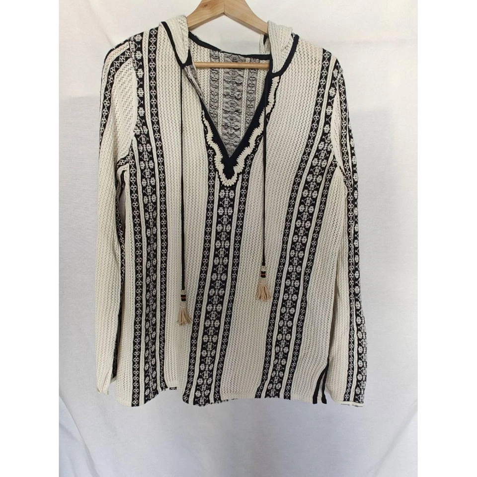 Top túnica con capucha Tory Burch Rai blanco azul rayas algodón lino Pointelle est S Foto 2 de 4