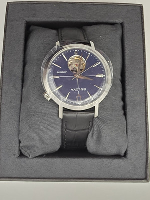 Bulova Men's Automatic Dress Watch Blue Dial Black Leather Strap Box
