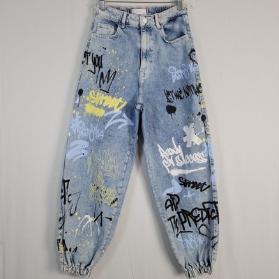 Bershka Graffiti Denim Jogger Jeans women's size 4  Casual Streetwear 5-Pockets