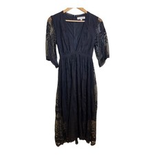 By Together Black Lace Dress Maxi Deep V-Neck Lace 3/4 Sleeve Small goth whimsy