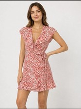 Free People Wrap Dress Mini Medium Orange White Print Short Sleeve Ruffled