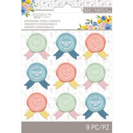 K & Company Antique Garden Seals with Ribbon Accents 9pcs