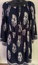 Rayon Dress Bell Sleeve Scoop or Off Shoulder Knee Length Small Navy Tan Boho