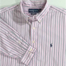 Ralph Lauren Button Down Shirt 17.5 XL Pink Navy Striped Classic Fit Preppy READ