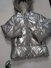 Children's Place Girls Size 7/8 Silver Zip Up Coat With Fur Hood