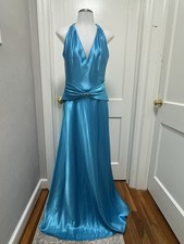VTG Jessica McClintock Gunne Sax Y2K Satin Halter Gown Dress Prom Blue Teal 9/10