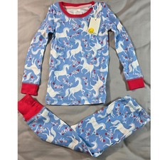 Boden Pajamas Girls 14Y Blue Red Unicorn Floral Long John Cotton Set NEW