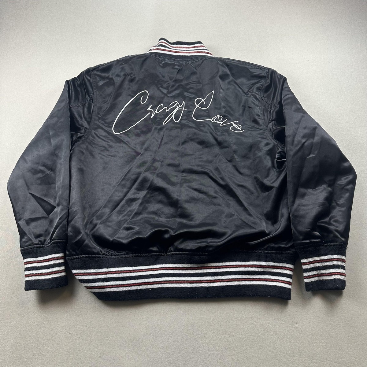 Homme + Femme Bomber Jacket Mens Large Black Satin Snap Crazy Love