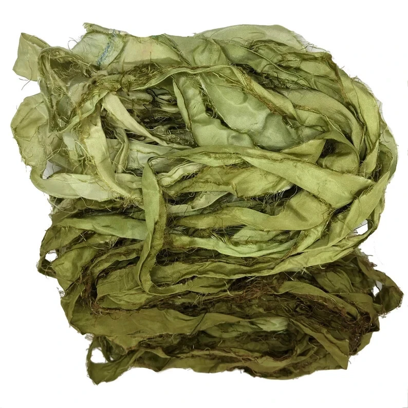 Recycled Sari Silk Ribbon - Olive Ombré - Sari Silk Ribbons - Silk Strips - Image 3 of 4