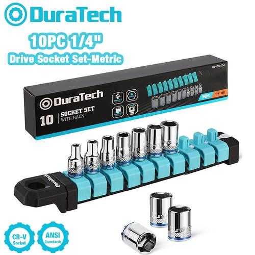 DURATECH 10PC 1/4'' 3/8" Drive Socket Set Mechanic Metric w/Storage Rack Plastic - Picture 13 of 15
